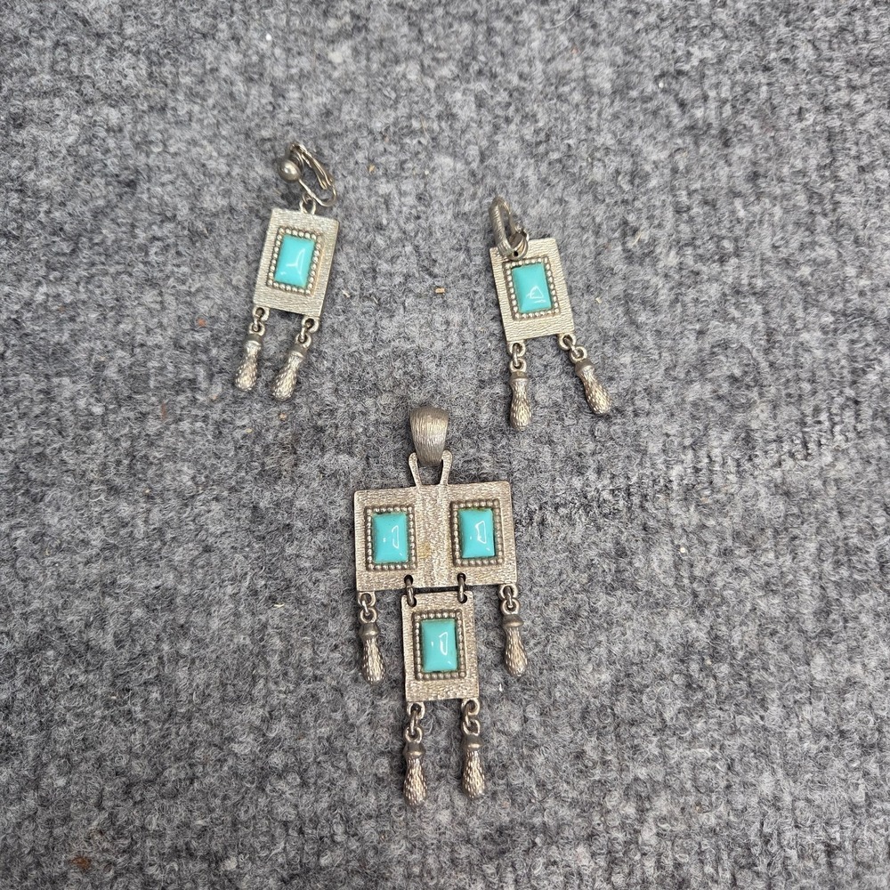Sarah Coventry Pendant Necklace Earrings Folklore 1971 Faux Turquoise Vintage
